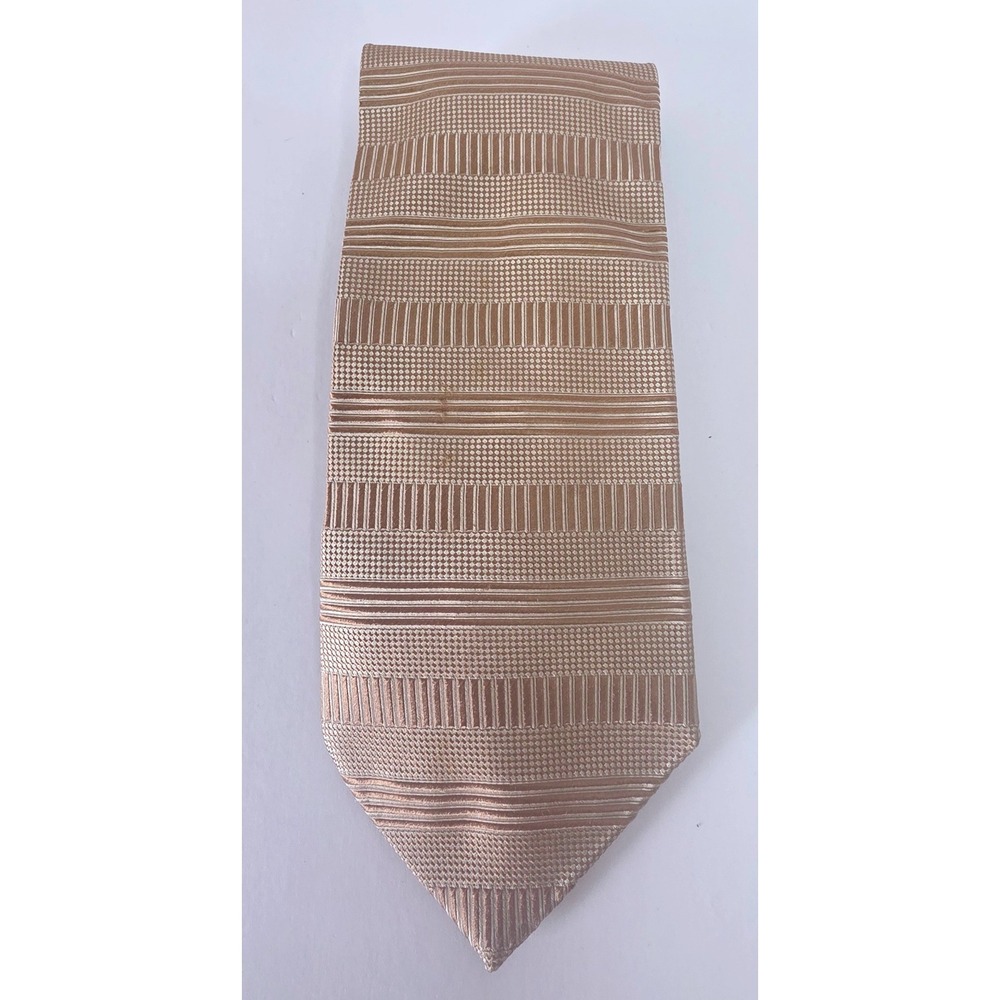 Versace Silk Tie Champagne Gold Bronze Textured Geometric Stripe 1 FLAW ON FRONT